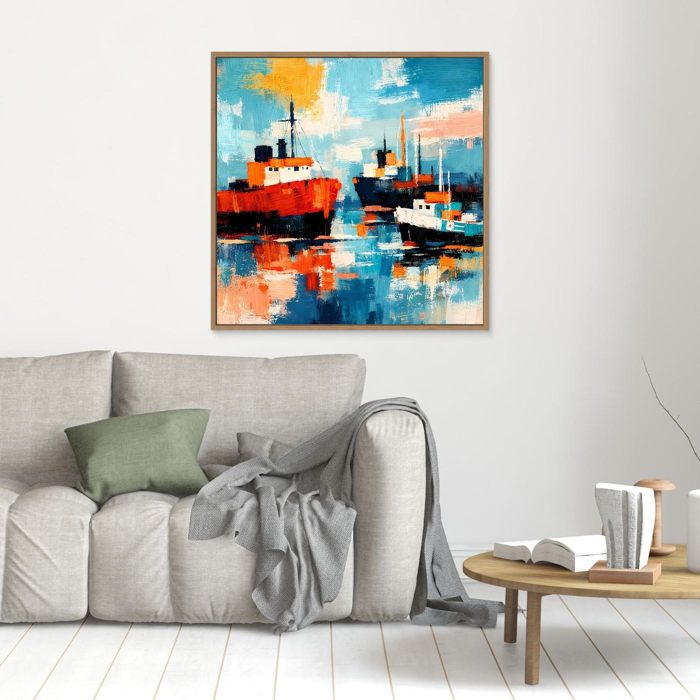 Leinwand-Wandbild mit abstrakten Schiffen im Hafen, braun gerahmt, quadratisch