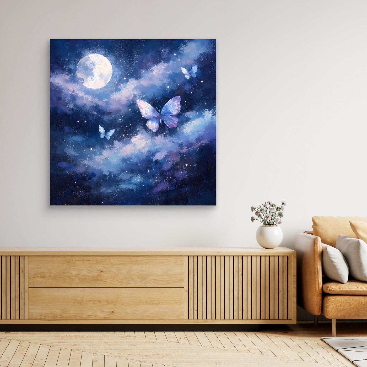 Leinwand-Wandbild mit Vollmond am blauen Nachthimmel und Schmetterlingen in der Mitte