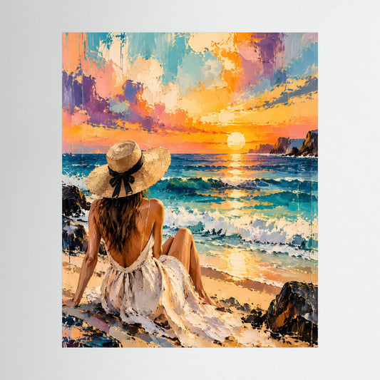 Poster mit abstrakter Strandfrau, türkis und orange, Hochformat