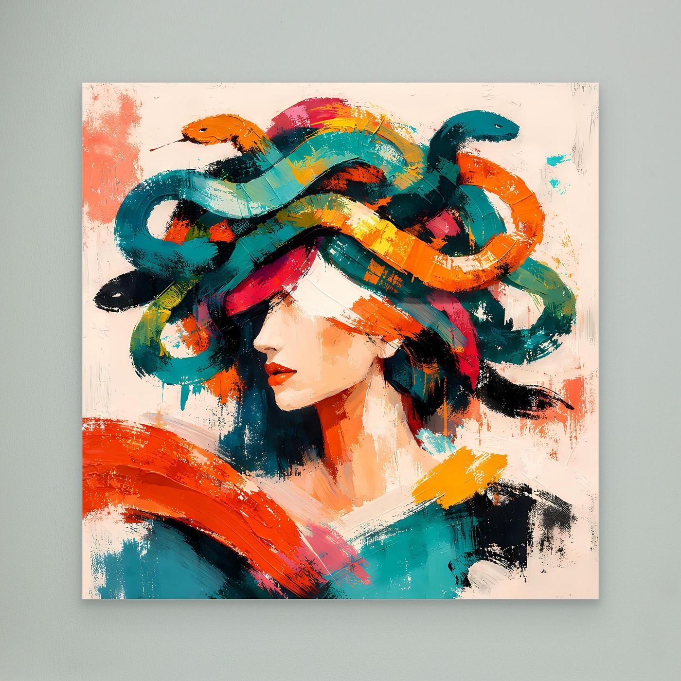 Leinwandbild mit Pop-Art-Porträt einer Frau und bunten, abstrakten Medusen-Schlangen