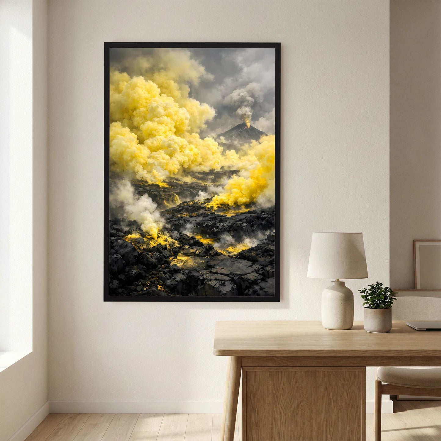 Die Kraft der Natur | Abstraktes Vulkan Poster in Gelb & Schwarz | Modernes Landschaftskunstposter Hochformat
