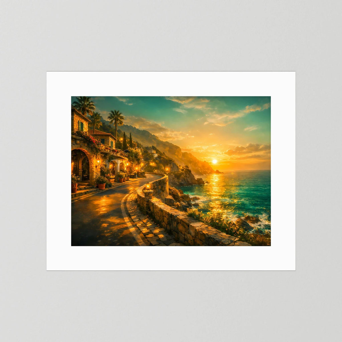 Wandbild im weißen Passepartout: Küstenweg, Häuser und Meer bei Sonnenuntergang