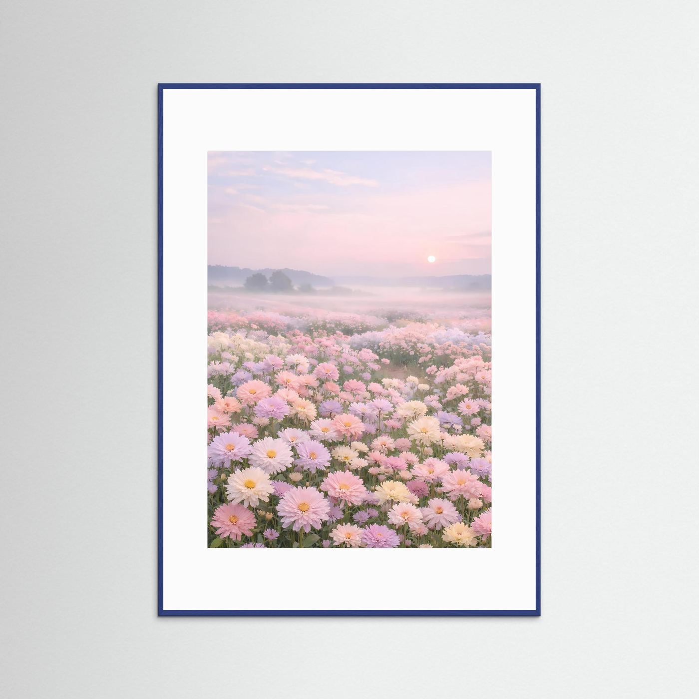 Blumenfeld-Poster im Hochformat mit Pastellrosen und Sonnenaufgang, blauer Rahmen