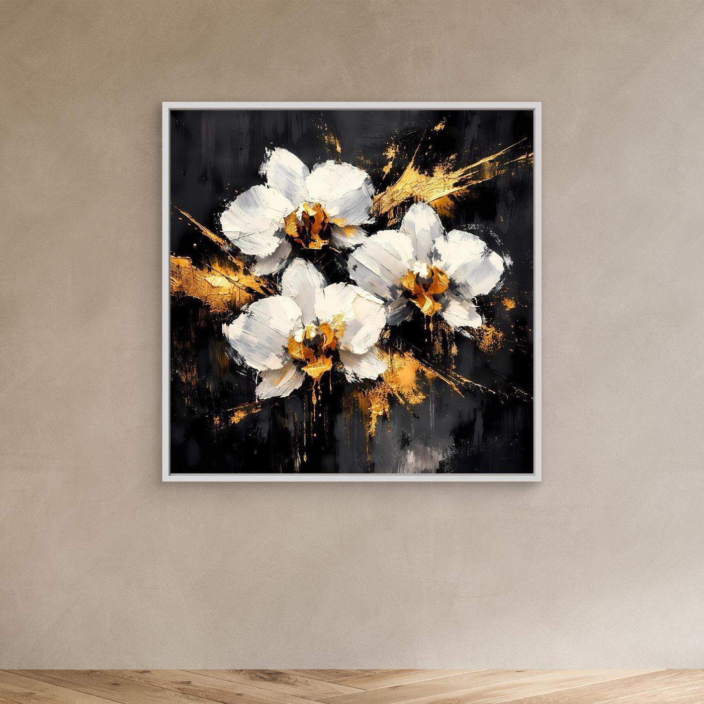 Leinwand Elegante Orchideen in Weiß und Gold | Modernes Abstraktes Blumen Wandbild