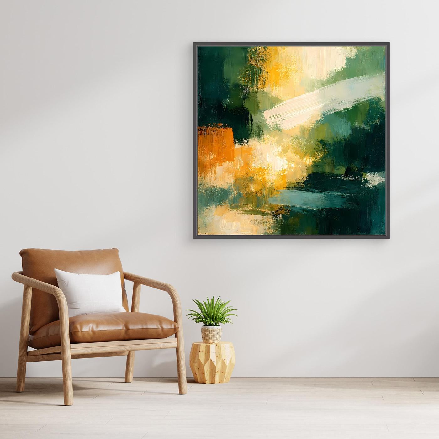 Abstraktes Leinwand-Wandbild mit grünen Farbflächen, orange-gelbem Licht, mit schwarzem Rahmen