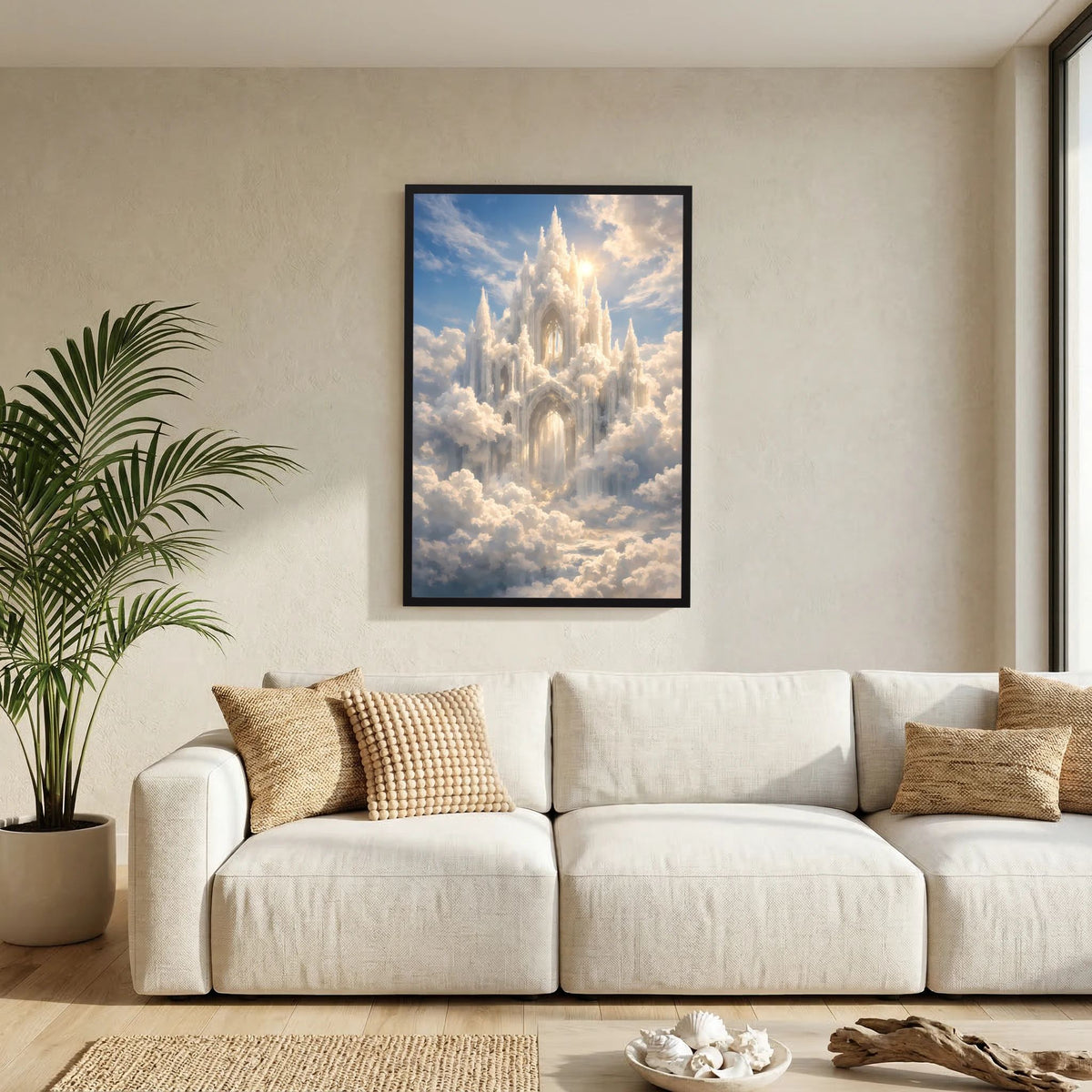 Hochformatposter mit Schloss aus Wolken und Sonnenlicht, schwarzer Holzrahmen