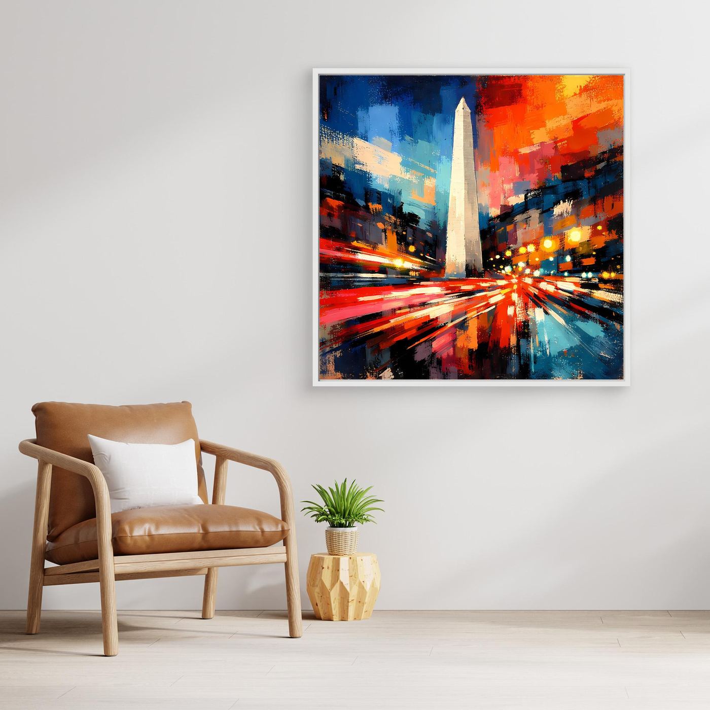 Wandbild auf Leinwand mit abstraktem Zentrum aus Lichtstrahlen und Obelisk