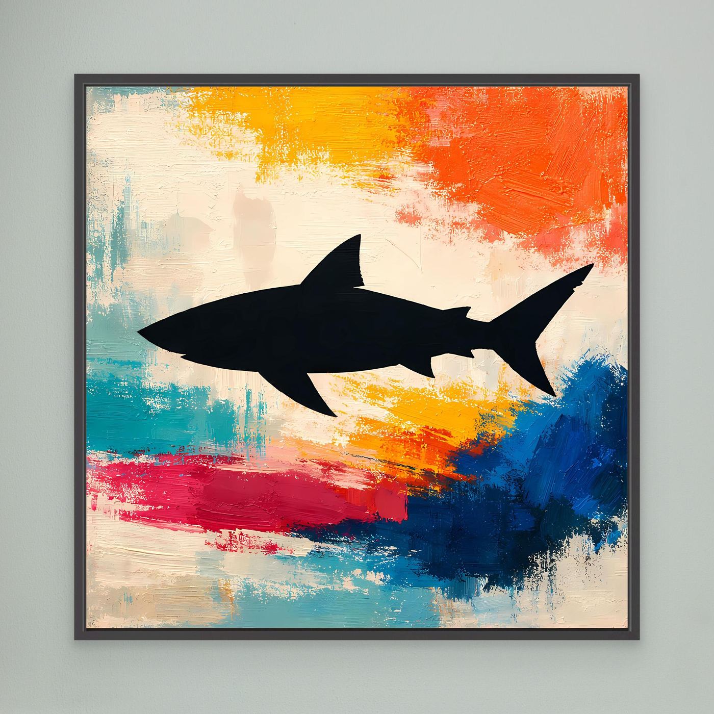 Leinwand Minimalistische Hai-Silhouette im Farbenmeer | Abstraktes Pop-Art Wandbild