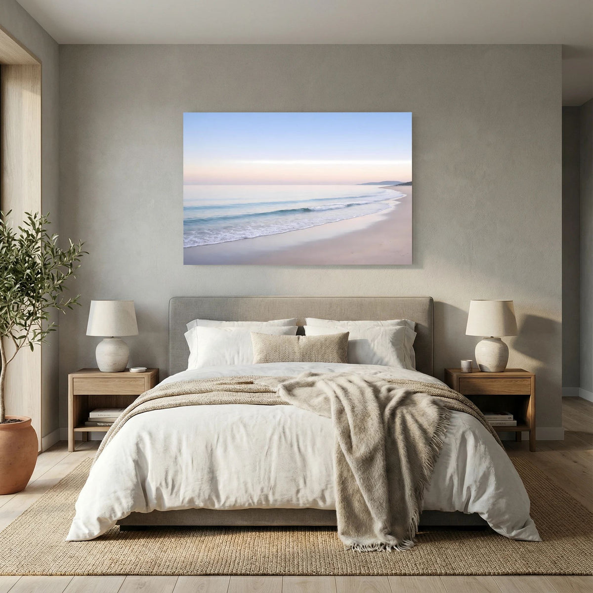 Meerstrand-Wandposter quer: ruhige Küste mit pastellfarbenem Himmel und sanften Wellen