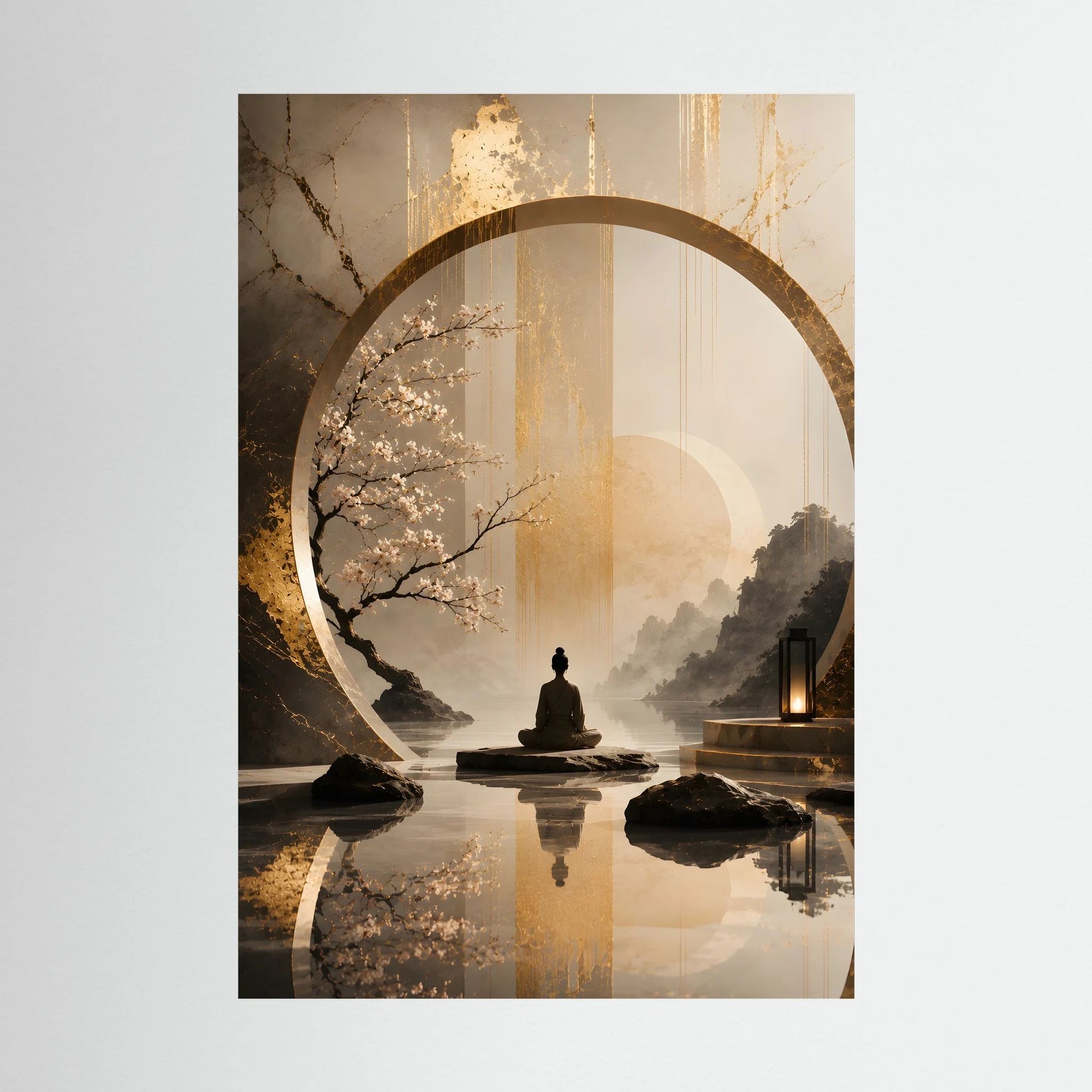 Hochformat-Japanposter: meditierende Figur im goldenen Kreis, Kirschblütenzweig, Beige & Goldton