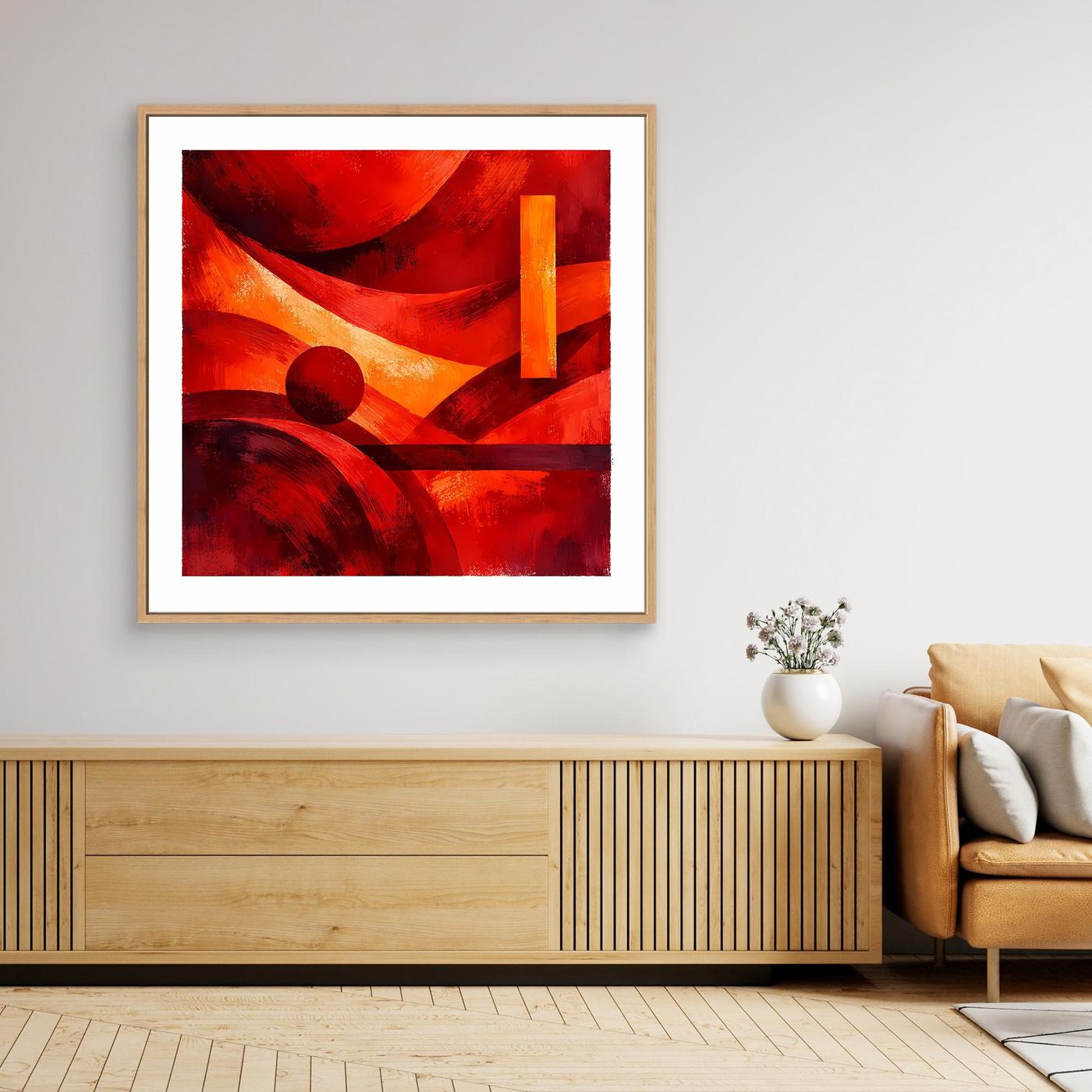 Leinwandbild mit abstrakten roten, orangefarbenen und schwarzen Geometrien, Eichenrahmen