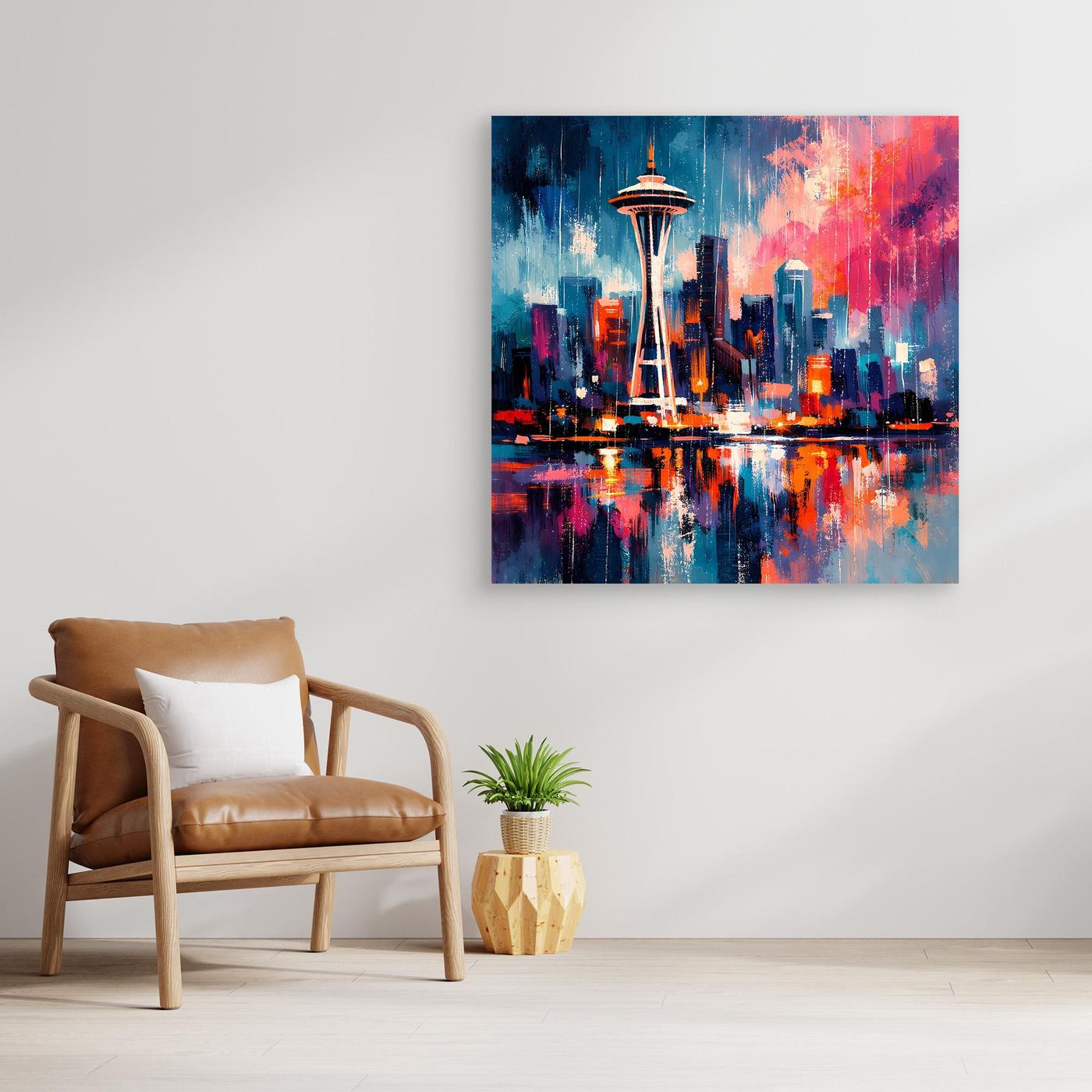Leinwand-Wandbild mit Space Needle, farbiger Skyline und Spiegelung im Wasser