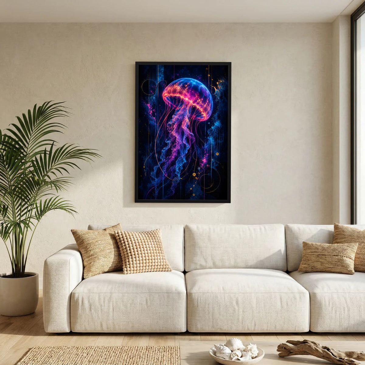 Leuchtendes Quallenposter mit neonfarbenem Quallenmotiv in Pink, Blau und Gold