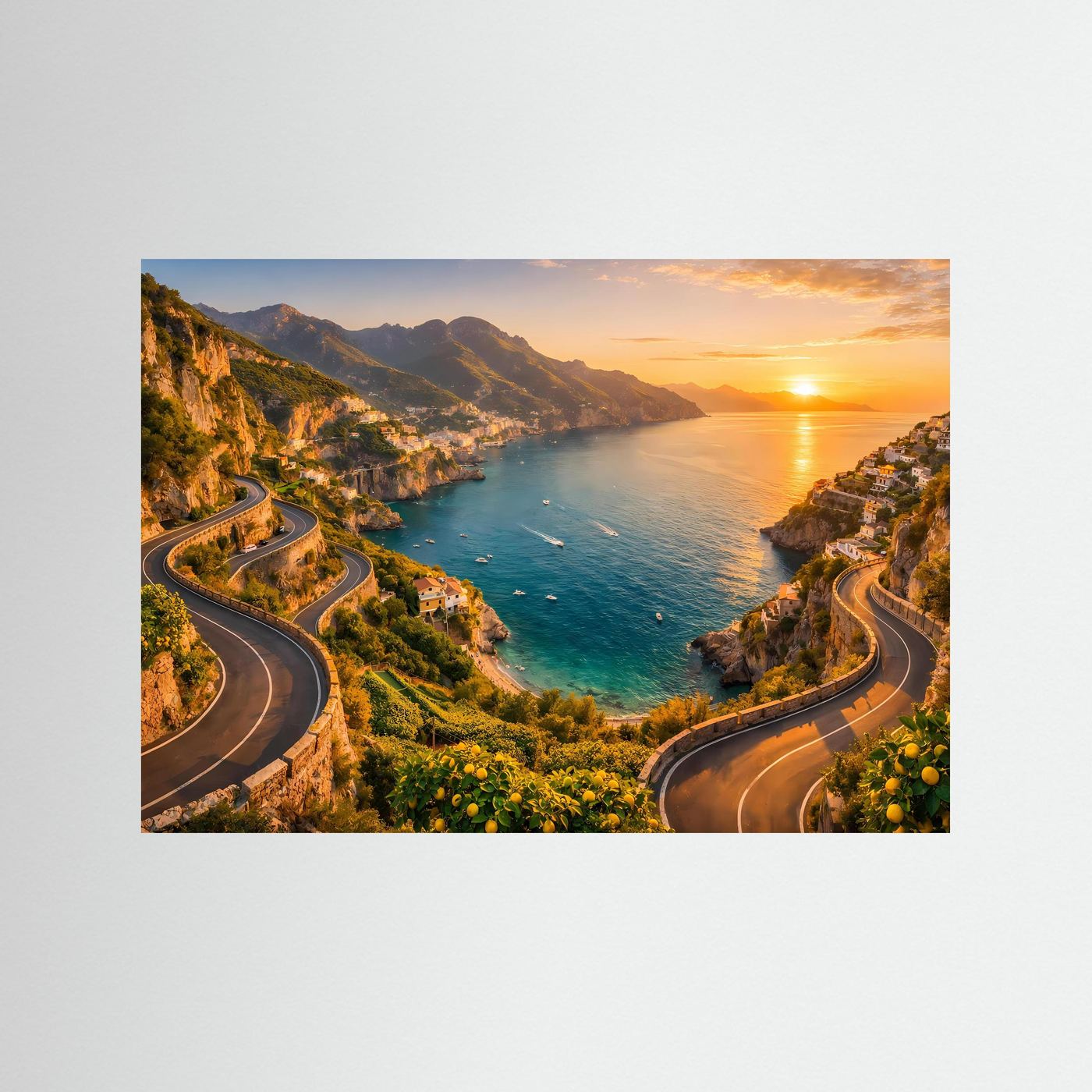 Sonnenuntergang an der Amalfiküste mit Küstenstraße | Panorama Italien & Meer Poster Querformat