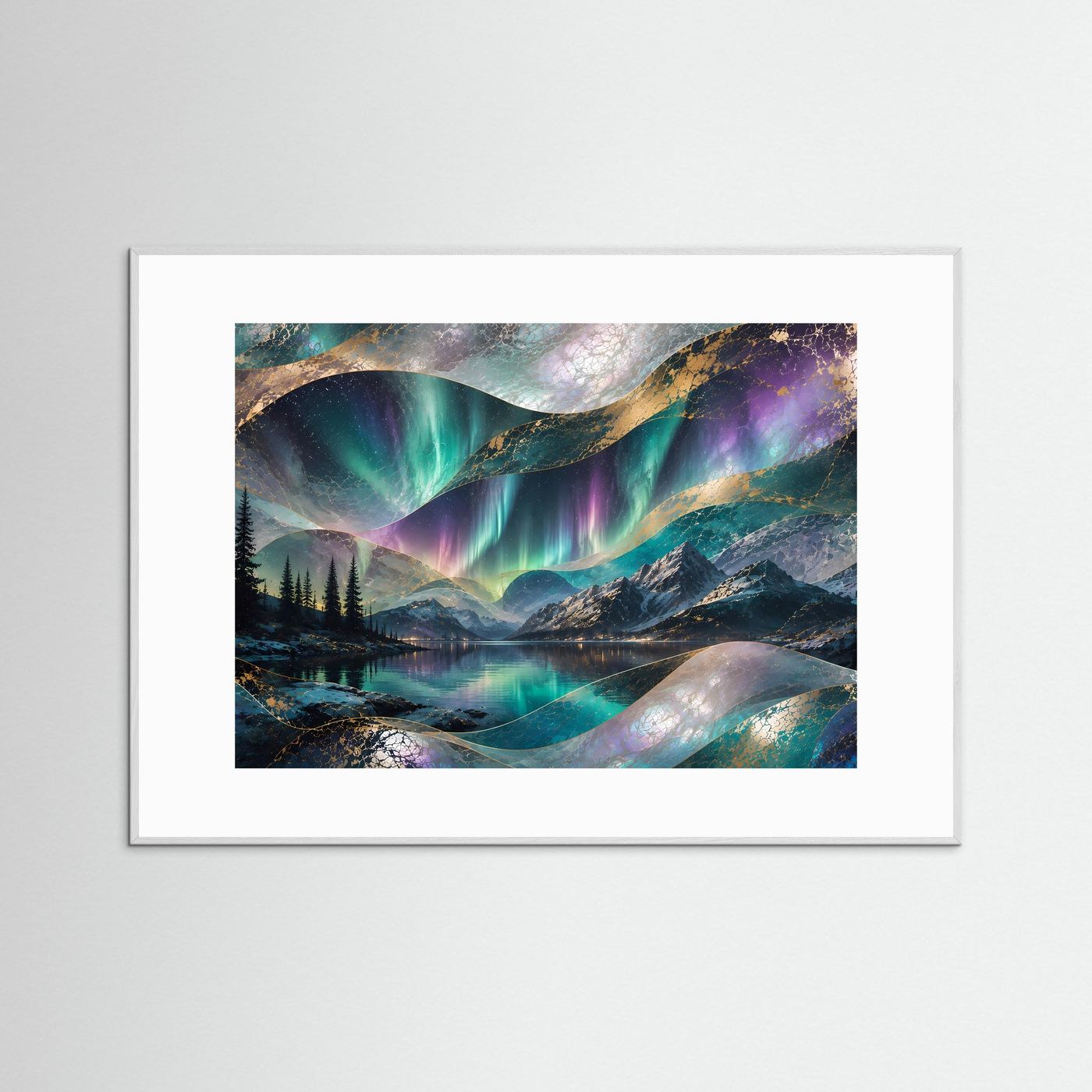 Querformat-Poster: Aurora über Bergsee in Türkis/Violett, Perlmutt & Gold, grau gerahmt
