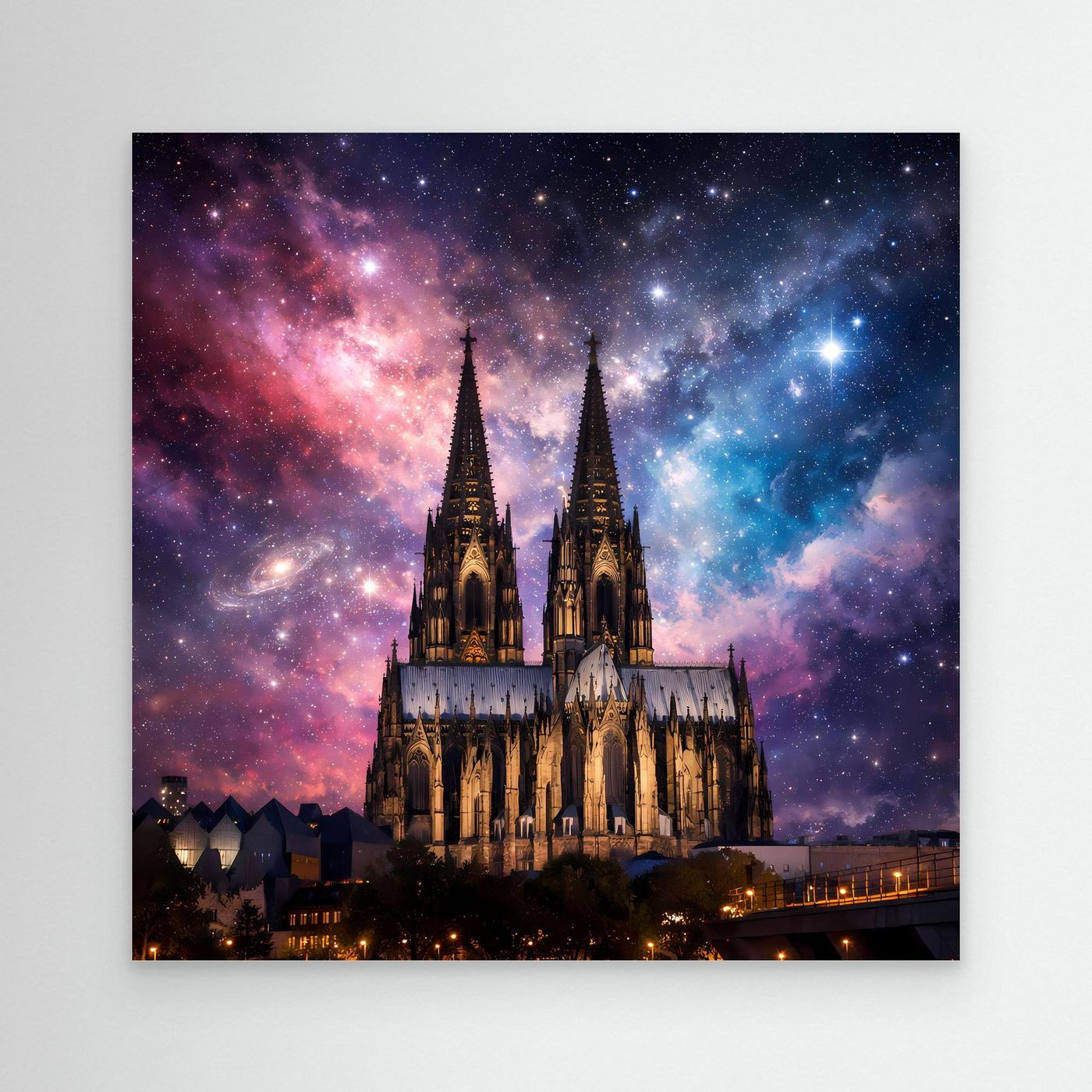 Leinwand Kosmischer Kölner Dom bei Nacht | Abstraktes Galaxie Wandbild