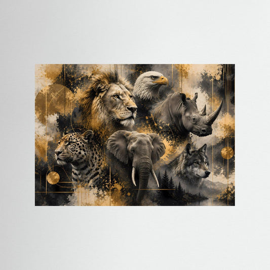 Querformatiges Wildtier-Poster mit Löwe, Elefant, Nashorn, Wolf und Adler