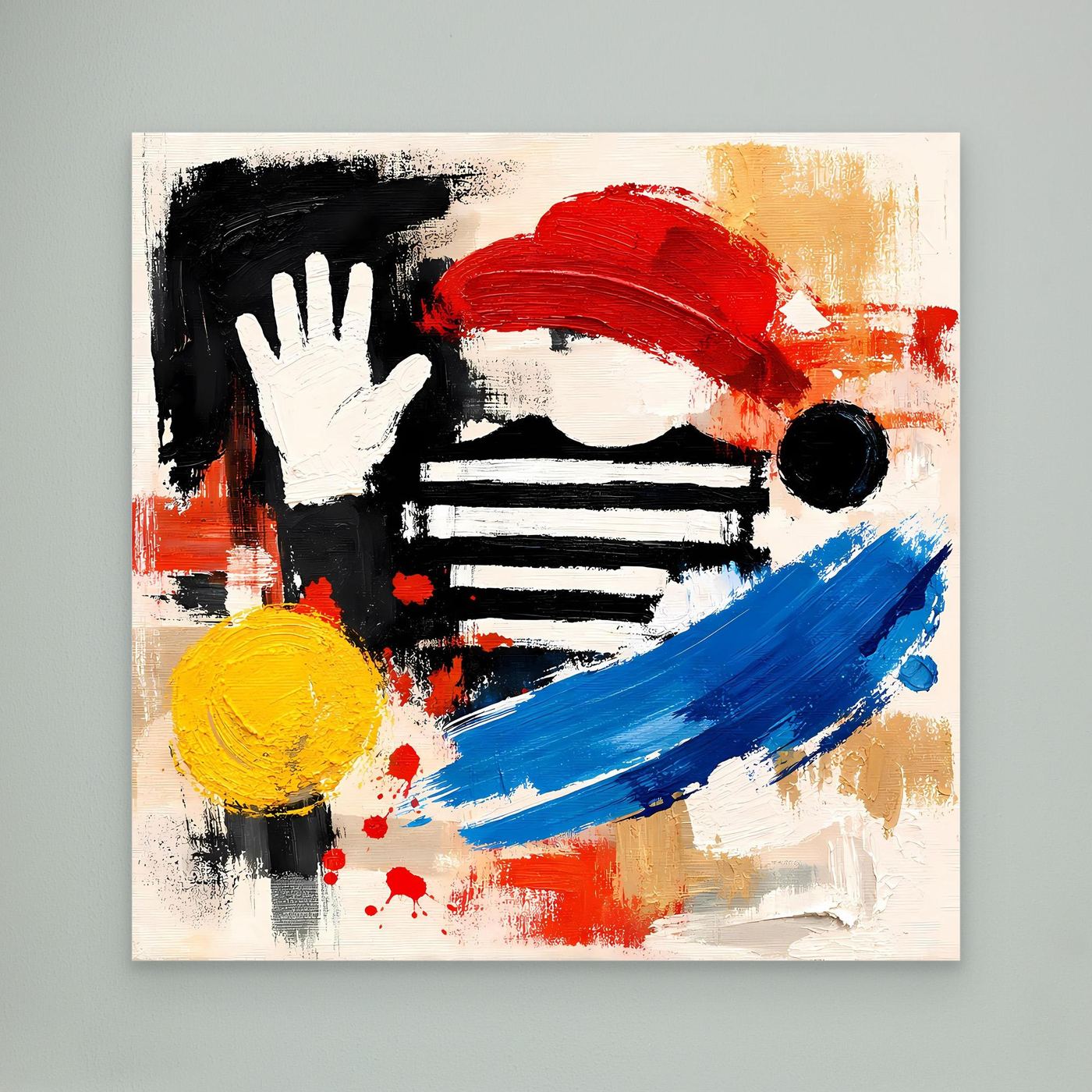 Abstract canvas wall art with black-and-white hand, red stroke, blue arc, yellow circle