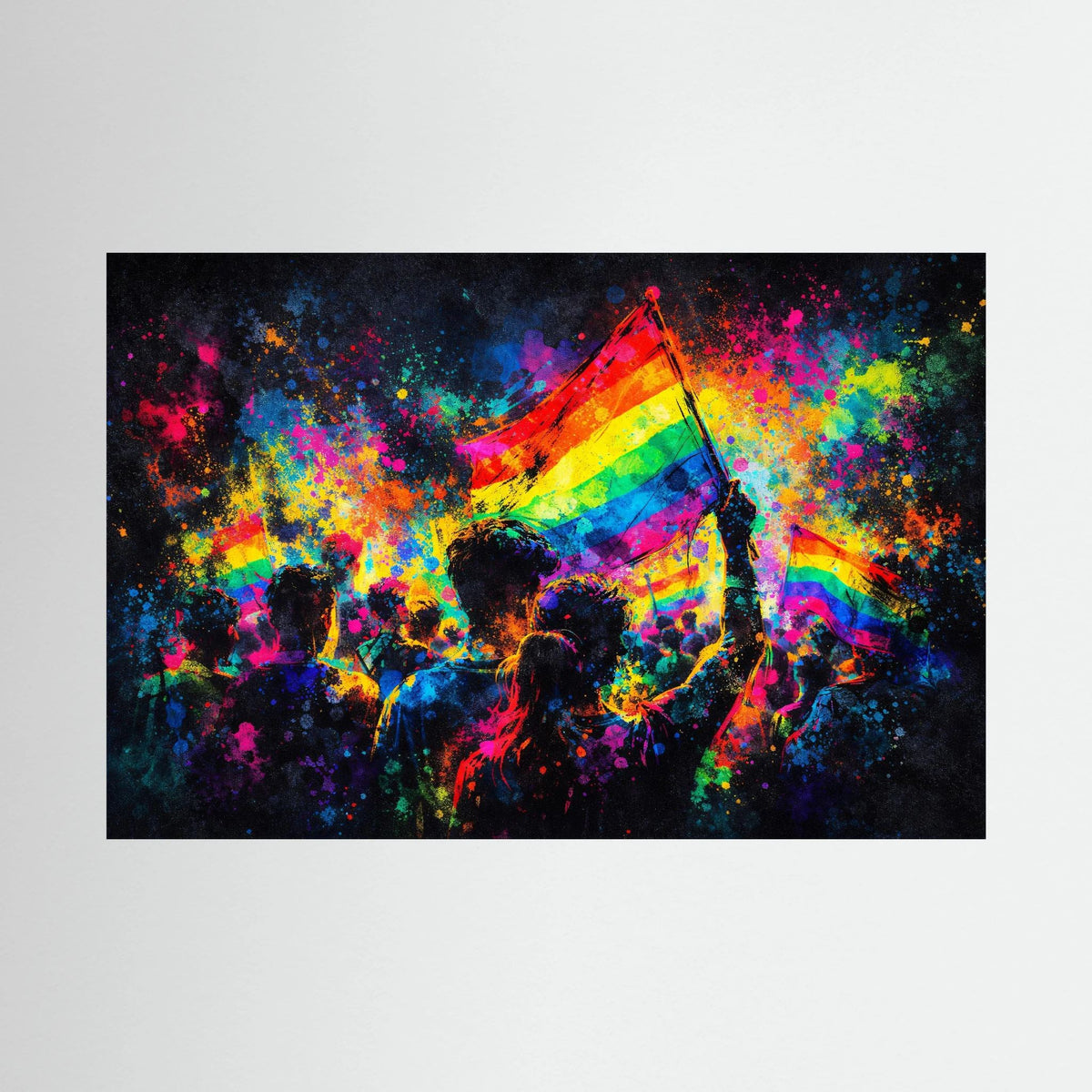 Wandbild (Querformat) mit Regenbogenfahne und bunten Menschen-Silhouetten, kontrastreich