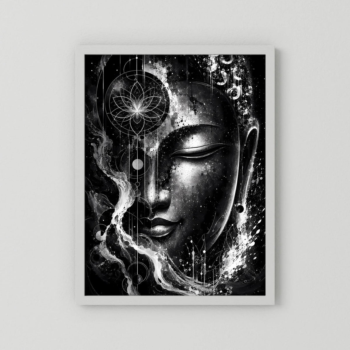 Poster mit abstraktem Buddha-Gesicht in Schwarzweiß, weißer Rahmen