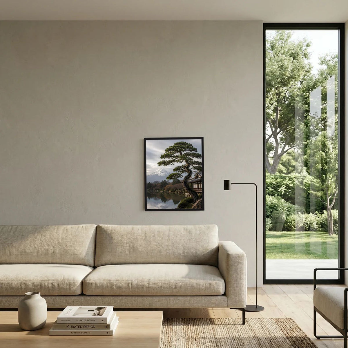 Hochformatiges Wandposter mit schwarzem Rahmen: Kiefer, Tempel, See und Fuji.