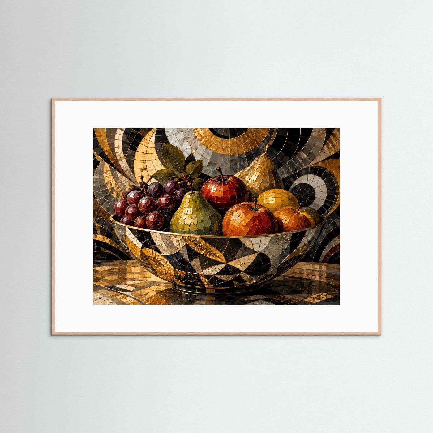 Gerahmtes Mosaikbild Obstschale mit Trauben, Äpfeln und Birnen in Gold und Schwarz, naturfarben