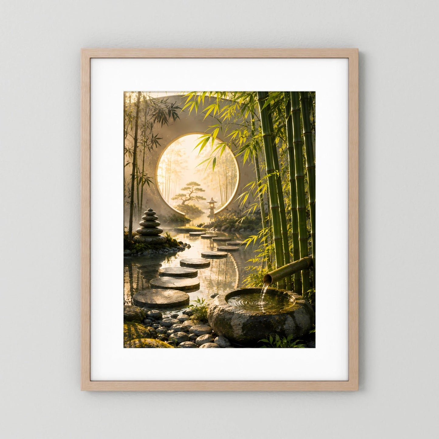 Hochformat-Poster Zen-Garten: Bambus, Trittsteine und rundes Mondtor, hellerer Holzrahmen