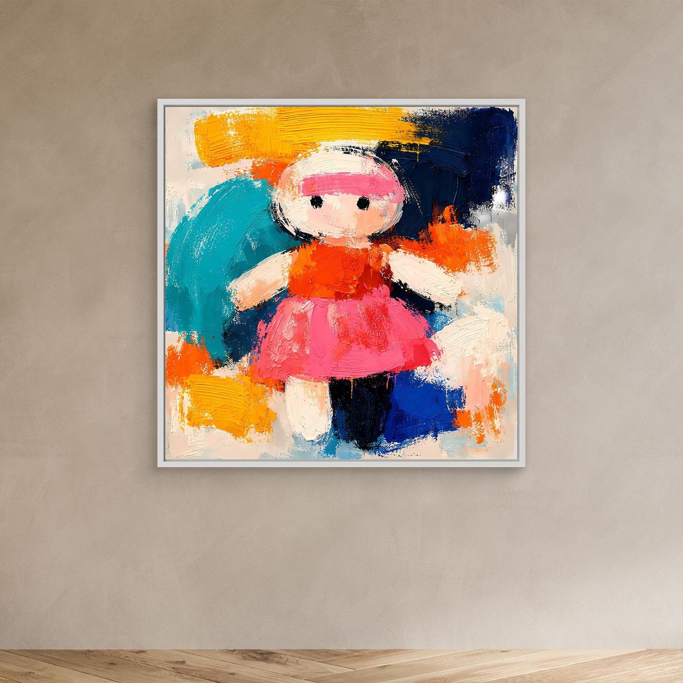Abstract doll wall canvas with colorful strokes, white frame, mounted
