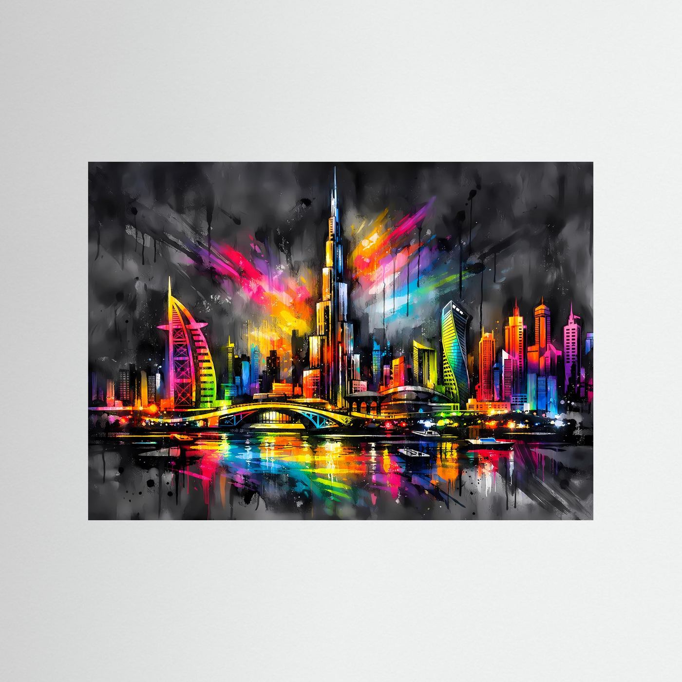 Wandbild Neon-Dubai-Skyline bei Nacht mit Brücke und farbigen Lichtern, ohne Rahmen