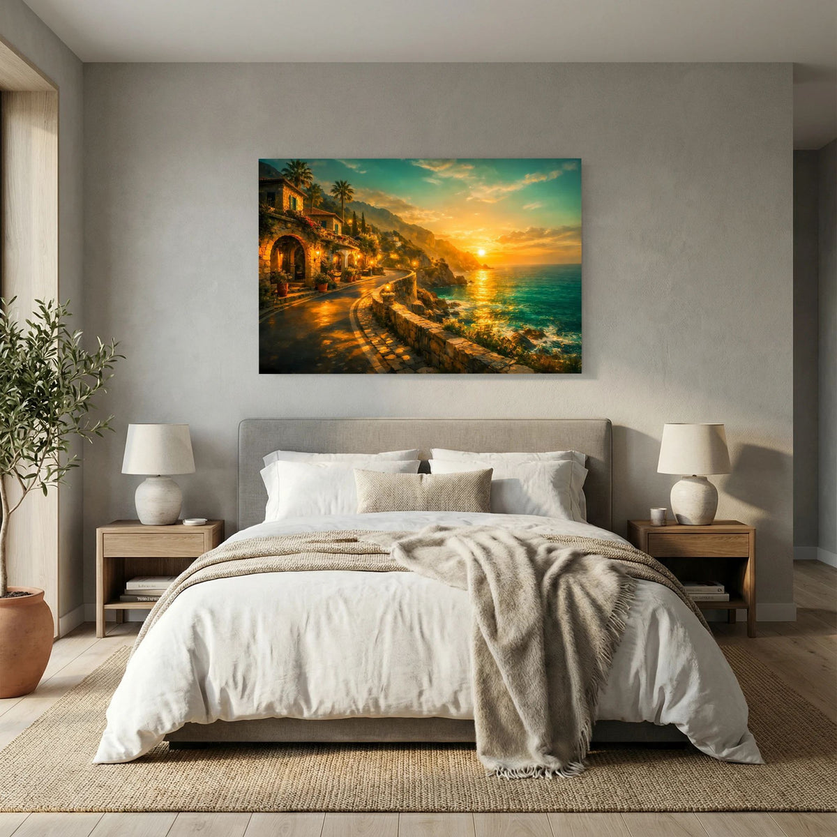 Wandbild mit Küstenpromenade, Meer und Sonne im Abendlicht, Querformat
