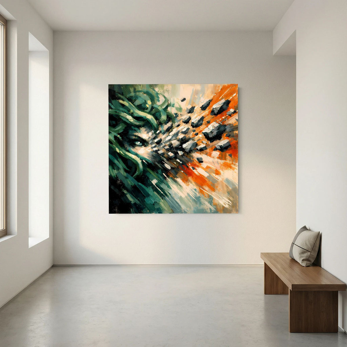 Abstraktes Leinwandbild mit Medusa-Augen und grünen Haarsträhnen, orange-weißen Pinselstrichen