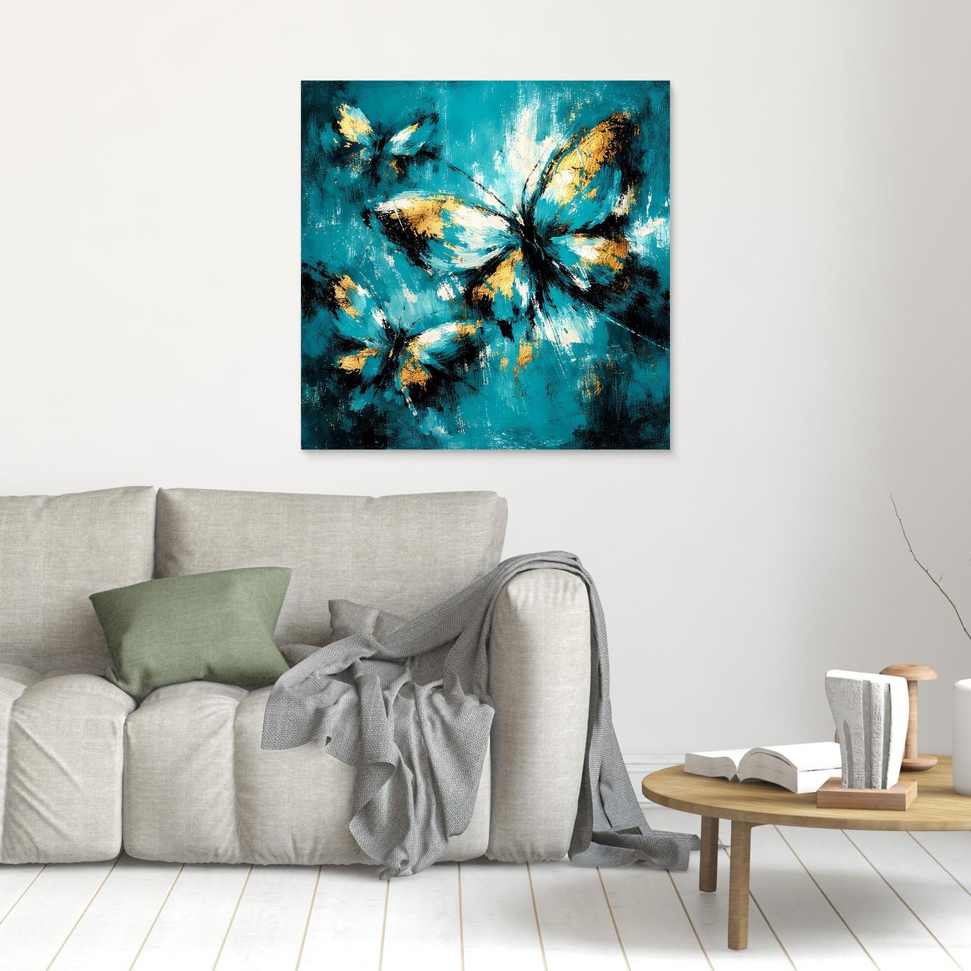 Abstraktes Leinwand-Wandbild: Schmetterlinge in Türkis und Gold