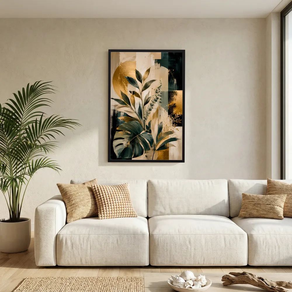 Kunstposter mit abstrakten Blättern in Gold- und Grüntönen, schwarzer Rahmen