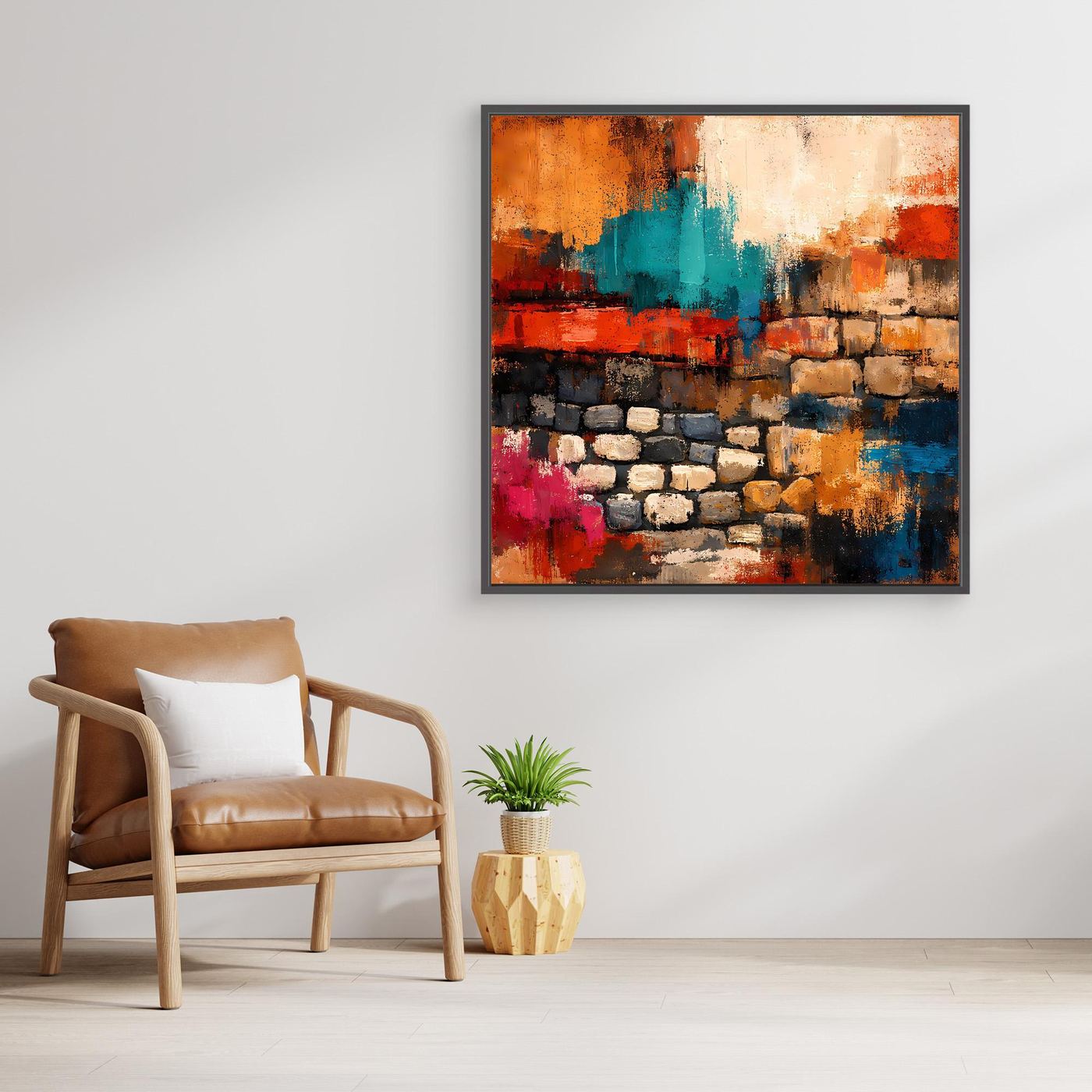 Gerahmtes abstraktes Wandbild mit Steinmauer, warmes Orange und Türkis mit roten und blauen Bereichen.
