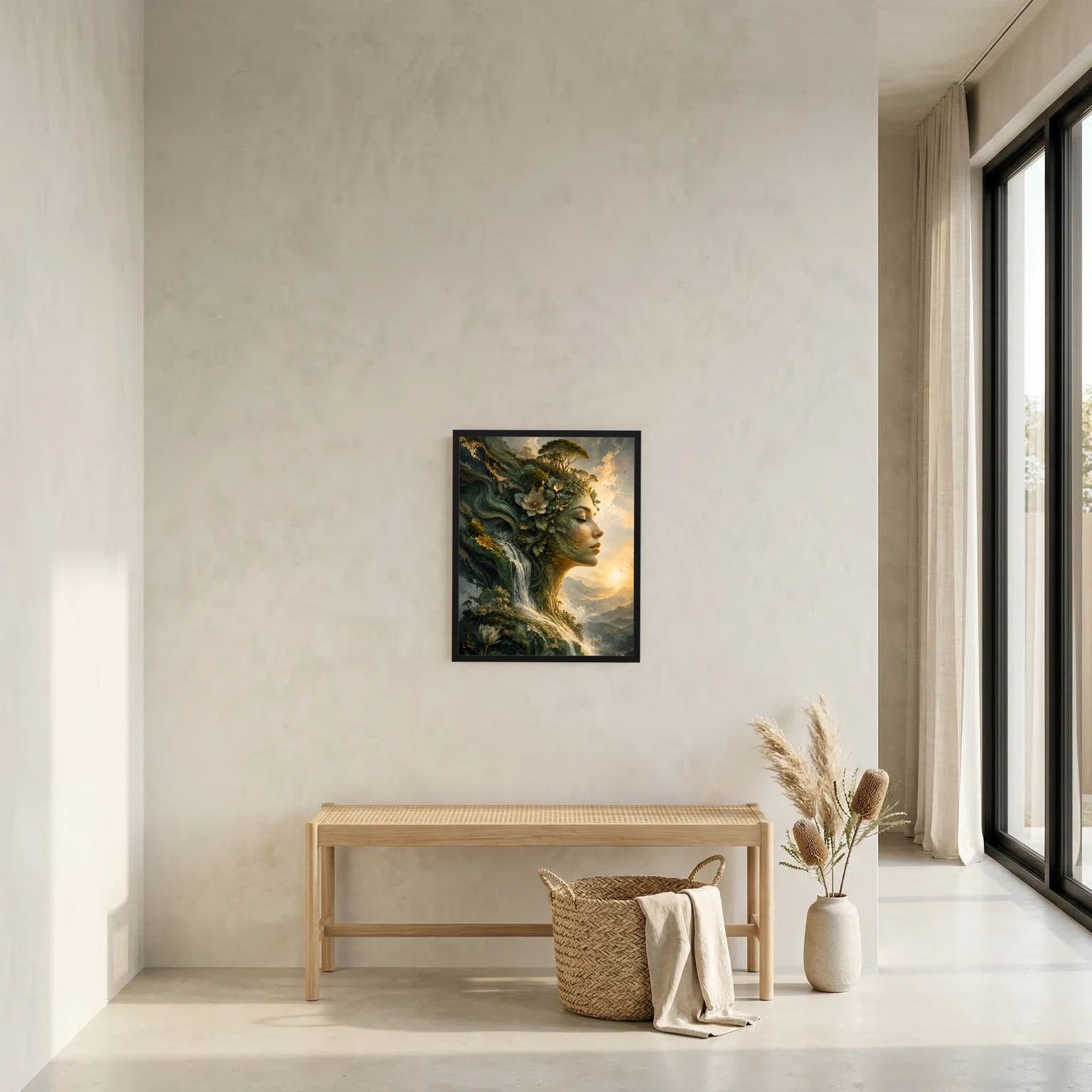 Quadratisches Wandbild mit Frauenprofil im Blumenkranz und Wasserfallmotiv