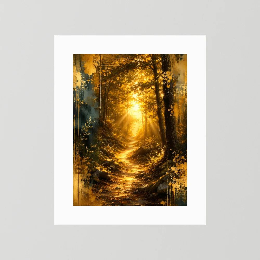 Wandposter Waldweg mit Sonnenlicht, weißer Rahmen und weißes Passepartout