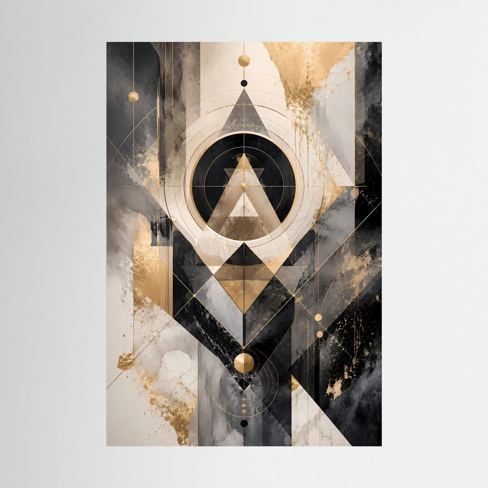 Kunstposter im Hochformat mit abstrakten geometrischen Formen in Schwarz, Gold und Beige