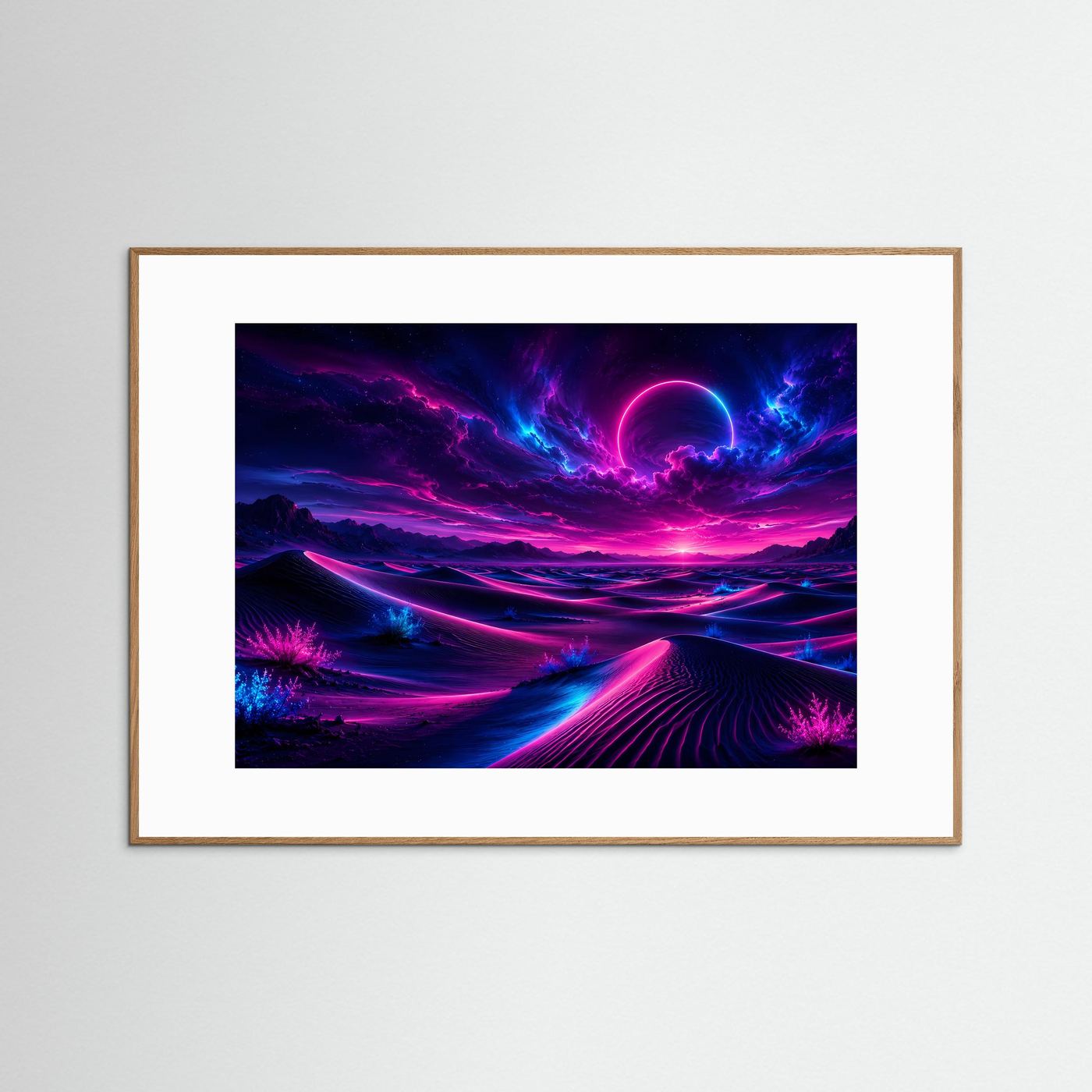 Neon Wüste Poster Querformat | Futuristische Landschaft in Pink & Blau | Cyberpunk Sci-Fi Wandbild