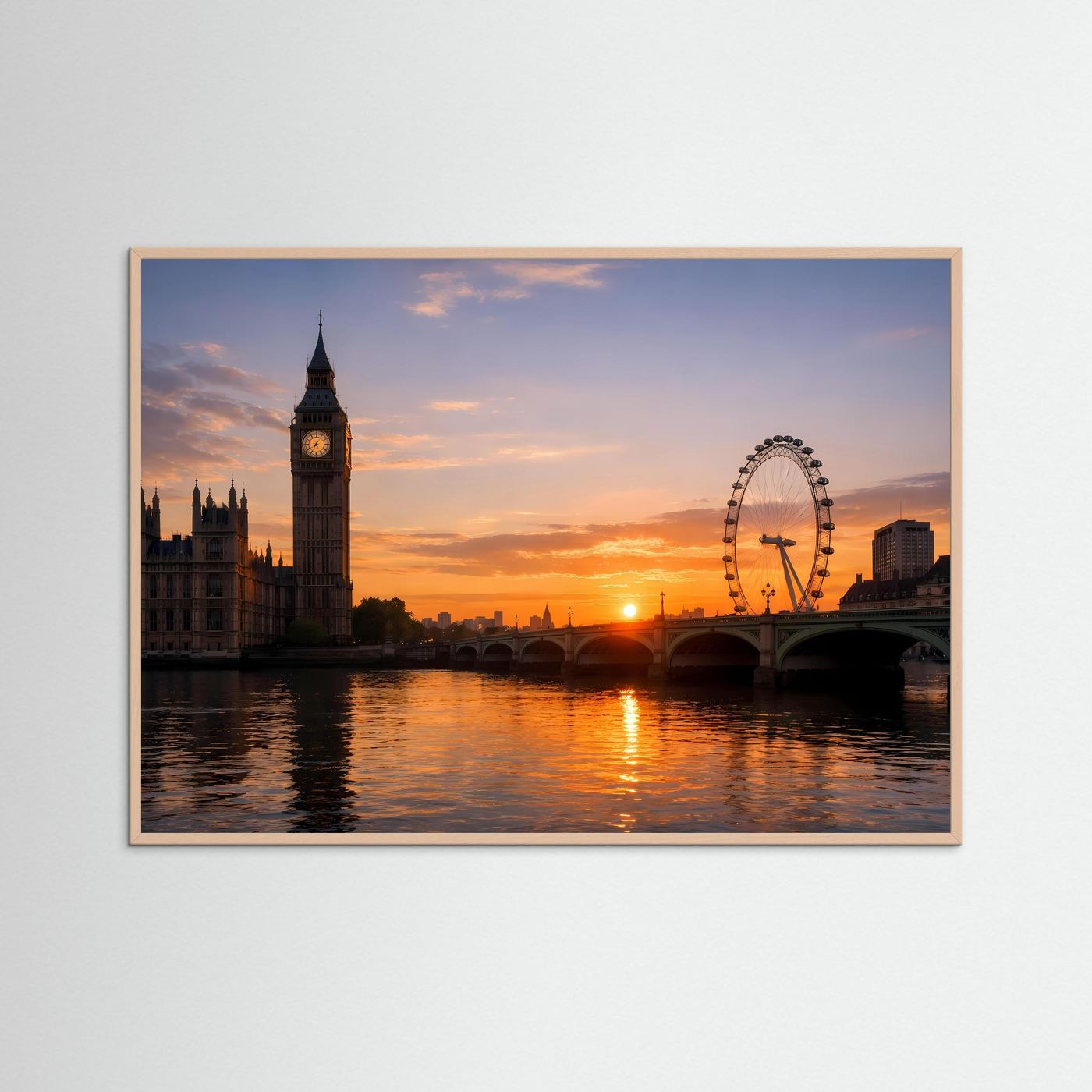Panorama-Poster Big Ben und London Eye im Sonnenuntergang, blauer Holzrahmen