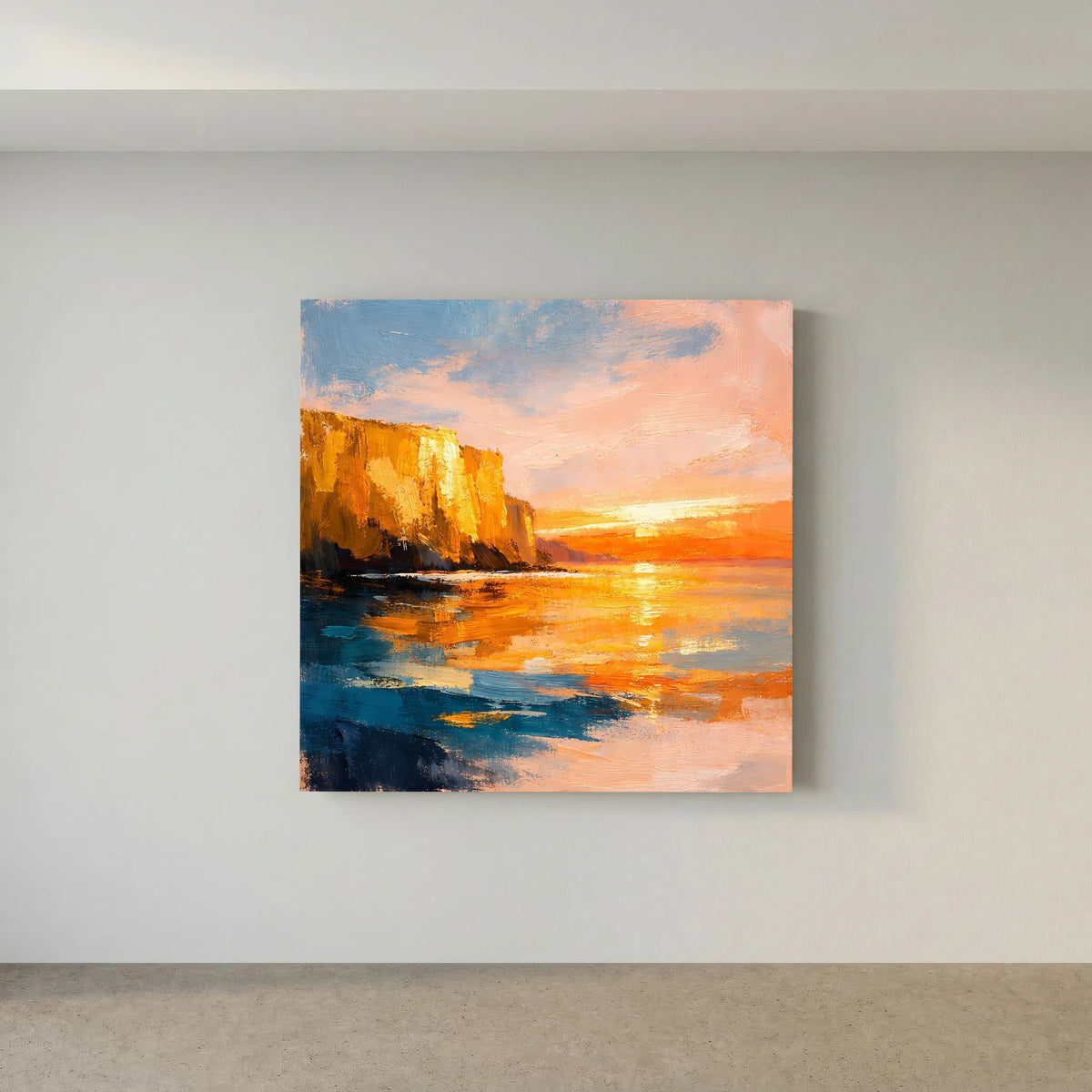 Leinwand-Wandbild mit Sonnenuntergang über dem Meer, steile Klippen in Orange und Blau