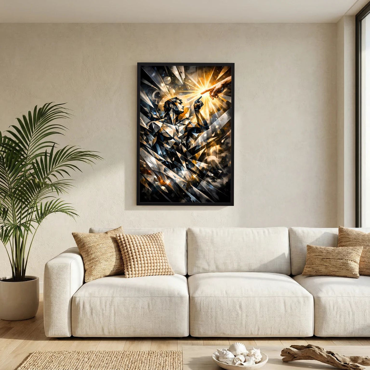 Abstraktes Hochformat-Wandposter im schwarzen Rahmen mit warmen Lichtstrahlen und Hände-Motiv