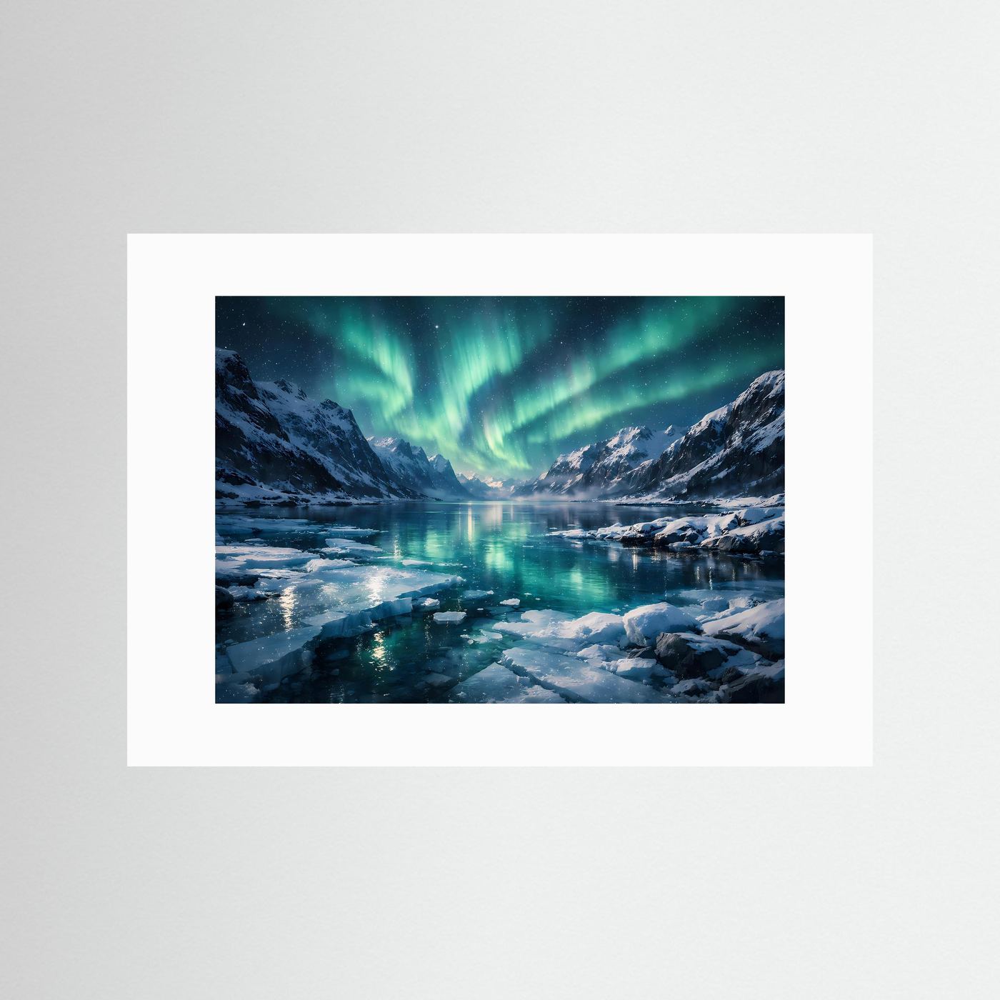 Magische Polarlichter über verschneitem Fjord | Nordlichter Panorama Wandbild & Kunst Poster Querformat