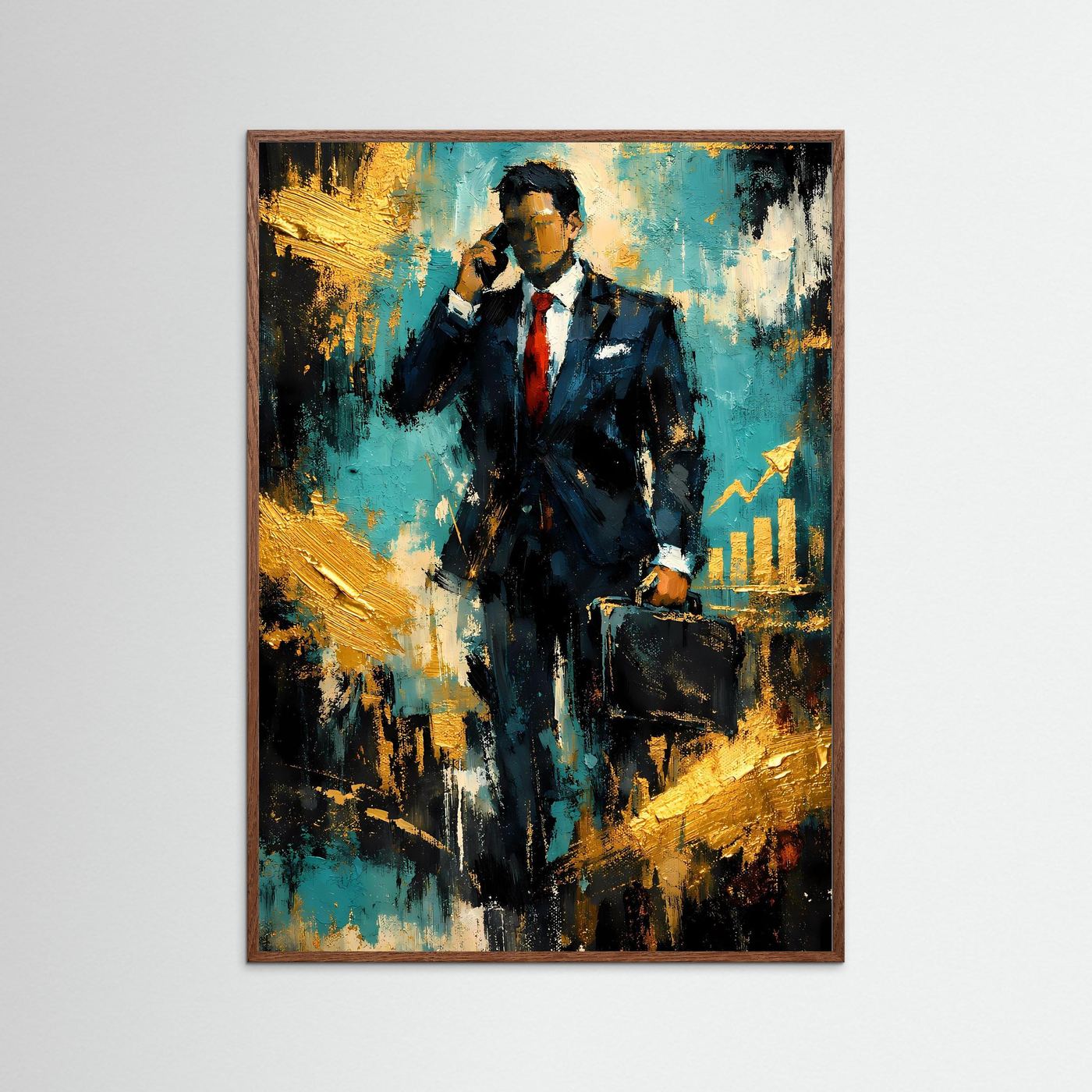 Gerahmtes Kunstposter im Hochformat: abstrakter Geschäftsmann im Anzug mit Aktentasche, Türkis und Gold