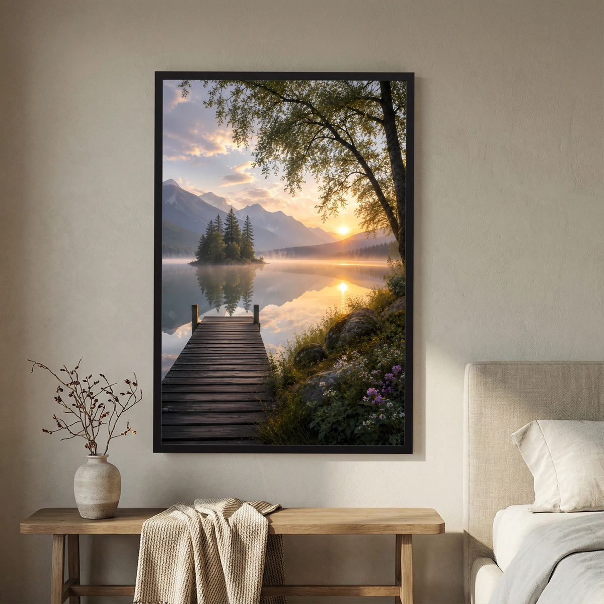 Bergsee mit Holzsteg | Sonnenuntergang in ruhiger Berglandschaft | Poster Hochformat