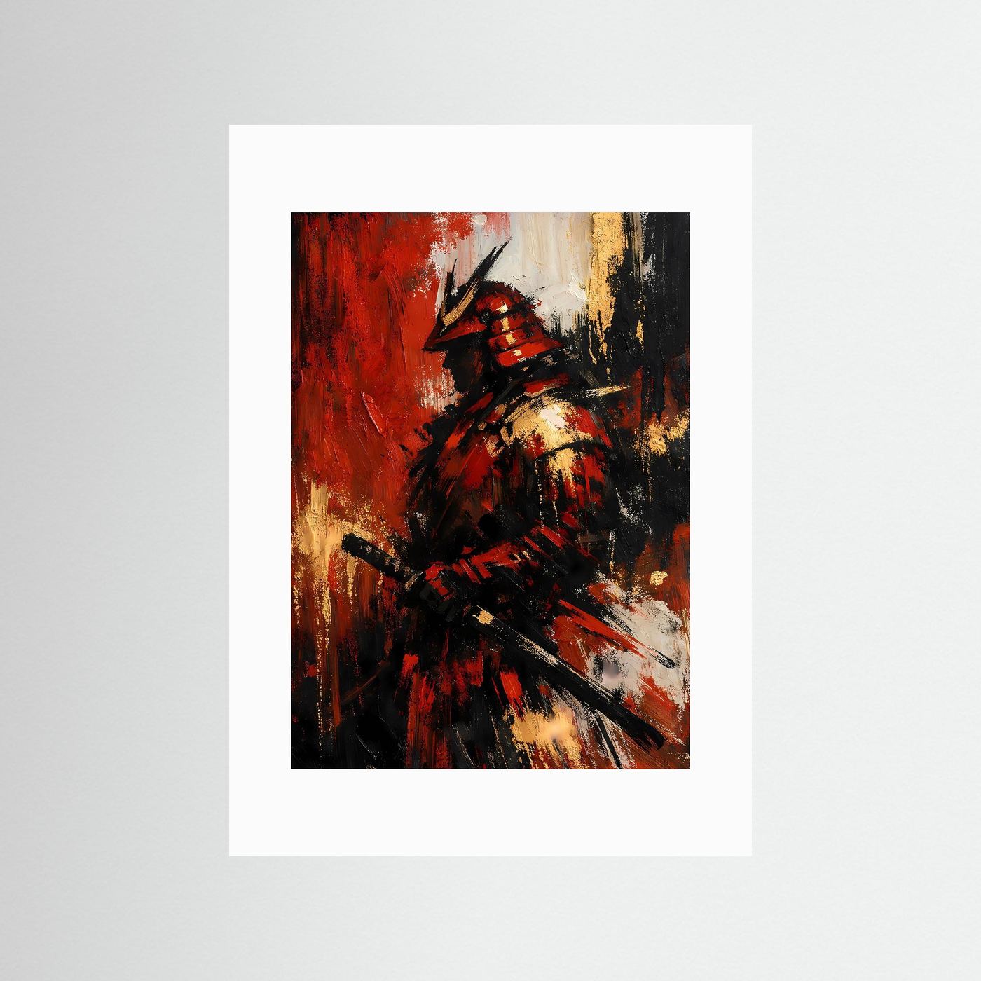 Samurai-Kunstposter, weiß hinterlegt, tiefrot, gold und schwarze Pinselstreifen