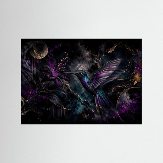 Poster mit Kolibri und Blüte in Lila-Gold, abstrakte botanische Wandkunst