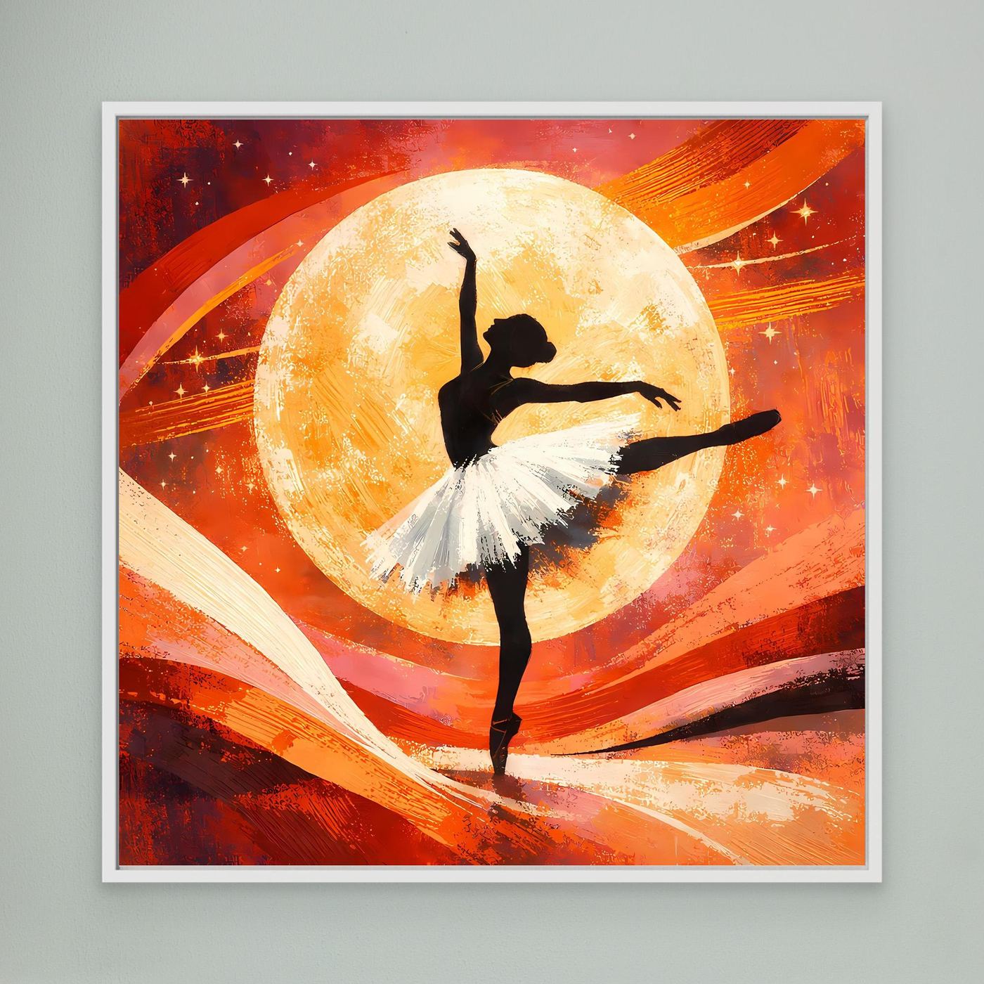 Leinwandbild mit schwarzer Ballerina auf hellem Vollmond, abstrakte Rot-Orange Pinselstriche