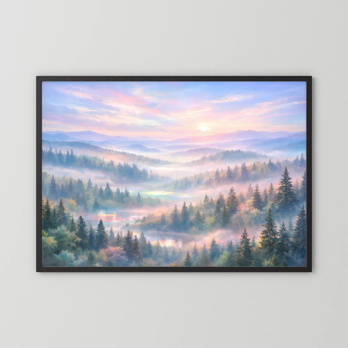 Wandposter querformat mit Waldlandschaft im Morgendunst, schwarzer Rahmen
