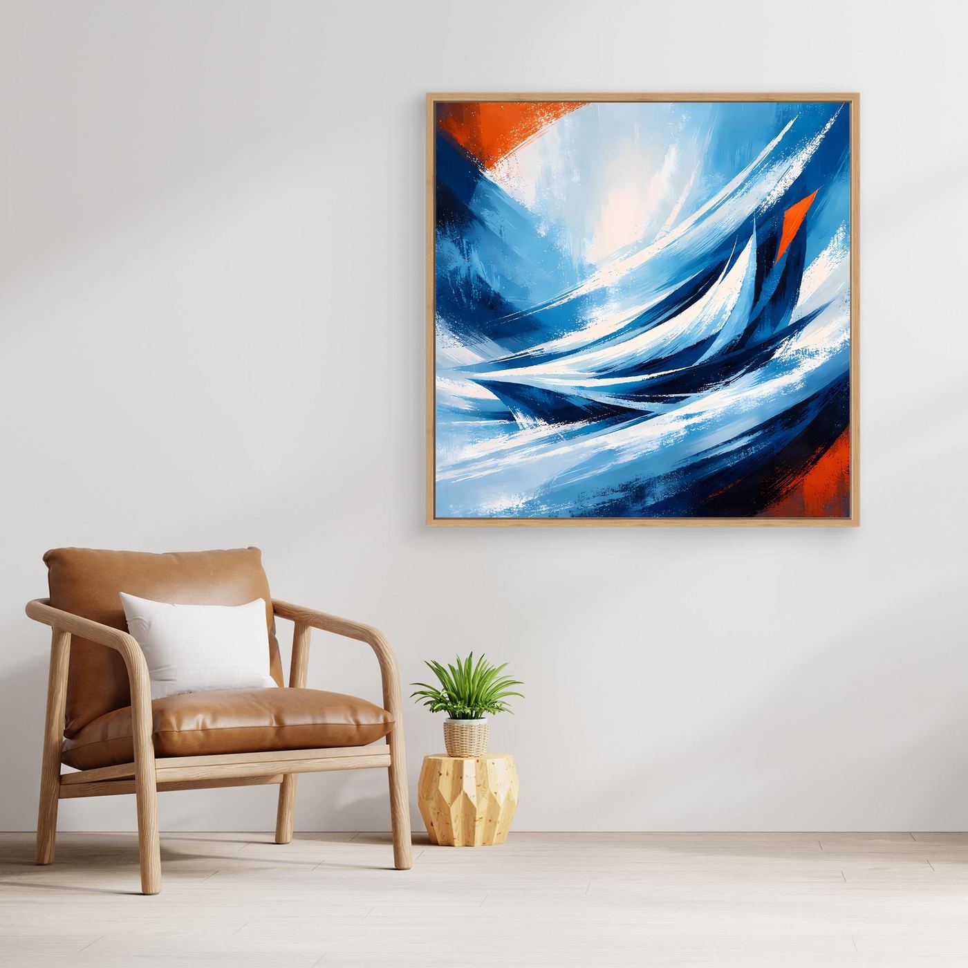 Abstraktes Leinwandbild mit geschwungenen blauen Wellen, weißen Pinselstrichen und orangefarbenen Stellen