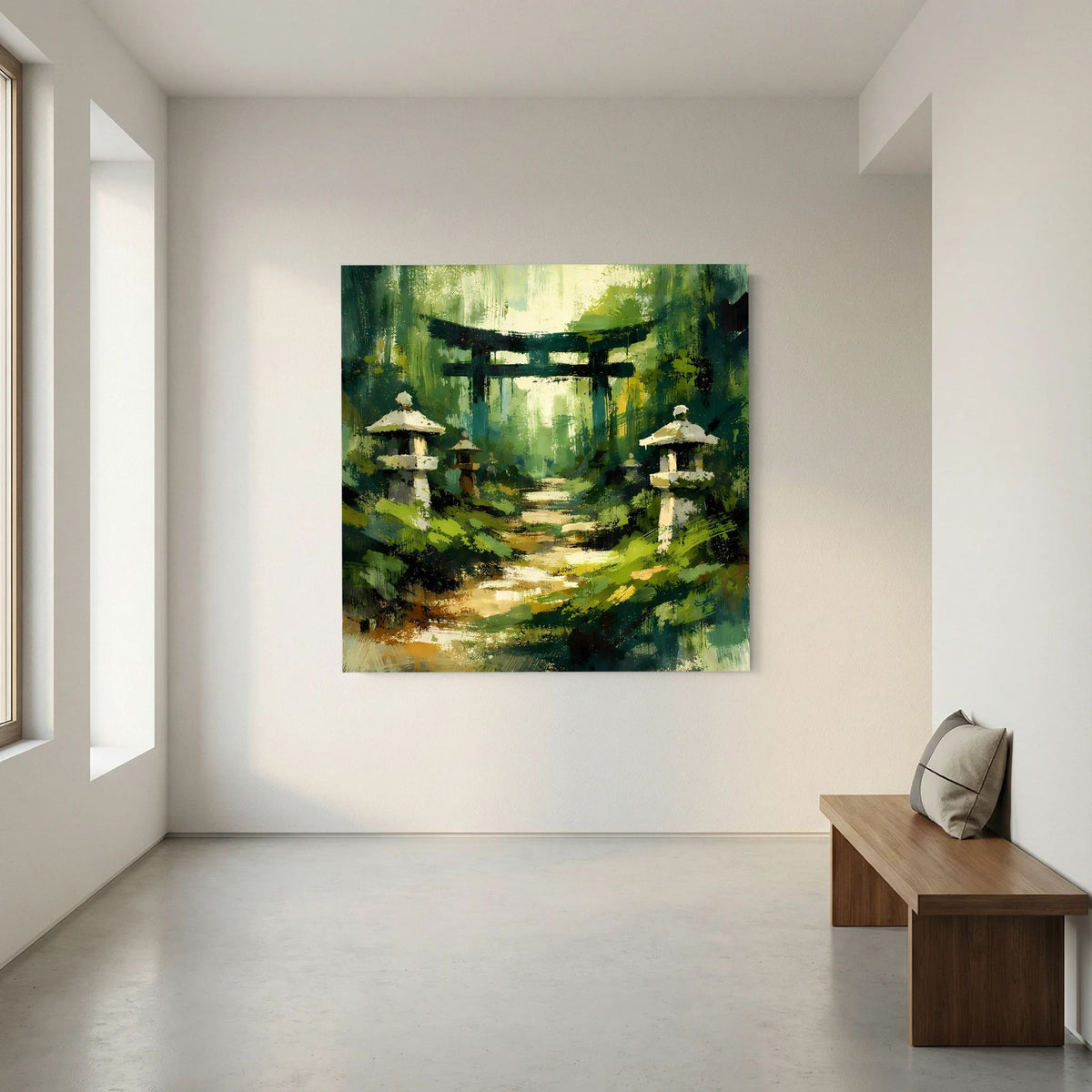 Wandbild auf Leinwand: Waldpfad zwischen Torii-Toren und Laternen in Grün